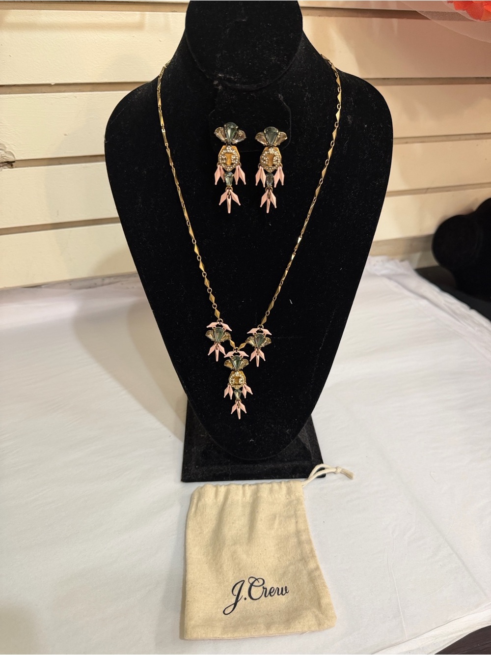J. Crew Gold Necklace with Pink Accent Floral Drops and Matching Earrings
